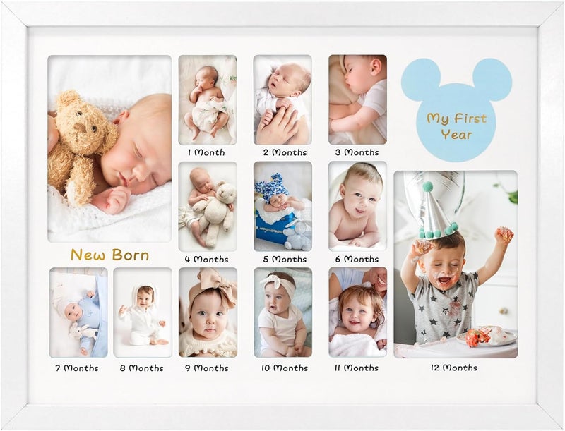 FramePro My First Year Photo Frame 12x16, Baby's First Twelve Months 4x6 and 2x3 Wallet Pictures Milestone Board Keepsake, as New Mom Baby Newborn Gift, White - Image 1